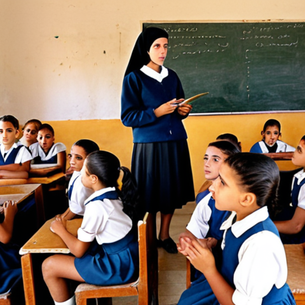 **A classroom in Tunisia, 1950s.** Depict a group of young girls and boys in simple school uniforms, with a stern-looking teacher at the front. Some girls look eager, others more hesitant. The classroom is basic but clean, with a blackboard and maps on the walls. The atmosphere should evoke a sense of both hope and the challenges of accessing education at the time. Capture the ambition and effort for education among young Tunisian women.