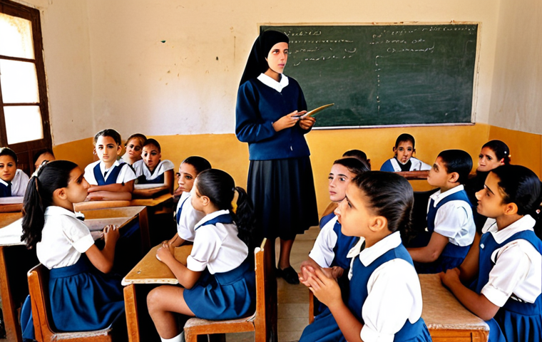 **A classroom in Tunisia, 1950s.** Depict a group of young girls and boys in simple school uniforms, with a stern-looking teacher at the front. Some girls look eager, others more hesitant. The classroom is basic but clean, with a blackboard and maps on the walls. The atmosphere should evoke a sense of both hope and the challenges of accessing education at the time. Capture the ambition and effort for education among young Tunisian women.