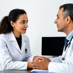 A professional female digital nomad, fully clothed in a modest, smart casual outfit, calmly consulting with a male doctor in a well-lit, modern private clinic in Tunis, Tunisia. The doctor is in a clean, professional medical coat. They are seated opposite each other at a desk with medical files, discussing a health matter. The setting emphasizes trust and professional care. Perfect anatomy, correct proportions, natural pose, well-formed hands, proper finger count, natural body proportions, safe for work, appropriate content, fully clothed, family-friendly, high-quality professional photography, soft lighting.