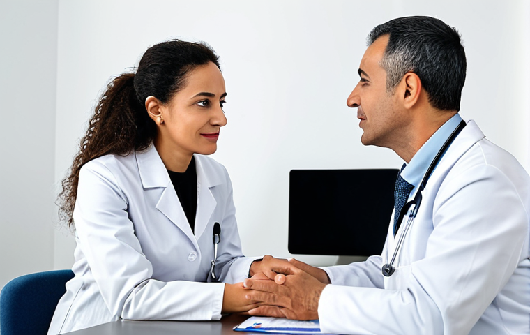 A professional female digital nomad, fully clothed in a modest, smart casual outfit, calmly consulting with a male doctor in a well-lit, modern private clinic in Tunis, Tunisia. The doctor is in a clean, professional medical coat. They are seated opposite each other at a desk with medical files, discussing a health matter. The setting emphasizes trust and professional care. Perfect anatomy, correct proportions, natural pose, well-formed hands, proper finger count, natural body proportions, safe for work, appropriate content, fully clothed, family-friendly, high-quality professional photography, soft lighting.